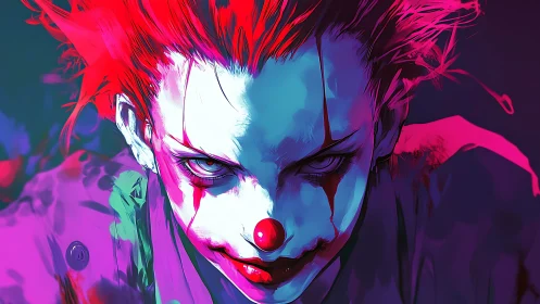 Neon nightmare clown grins under electric crimson spotlight.