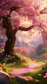 Blossoming cherry tree above petal path in soft light.