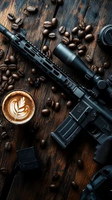 Rifle with scope and coffee on wooden surface with beans.