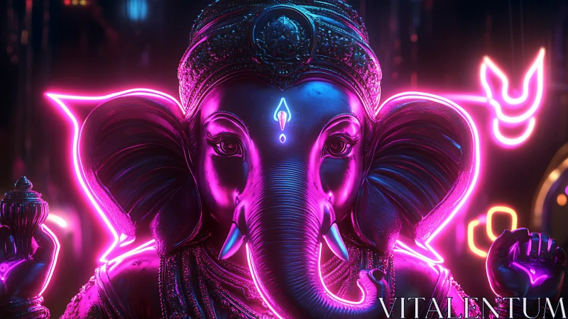 Neon lit Ganesha idol in chrome finish under cyberpunk glow