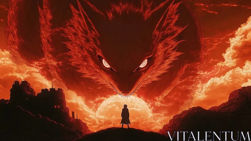 Fiery sky unveils colossal fox spirit above lone hero.