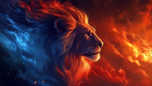 Cosmic lion divides blazing fire and icy starlit void.