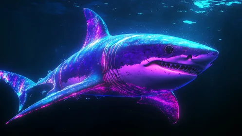 Neon blue and magenta shark glides through dark ocean