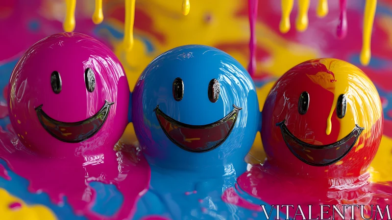 Chromatic smiley spheres submerged in high-gloss liquid paint