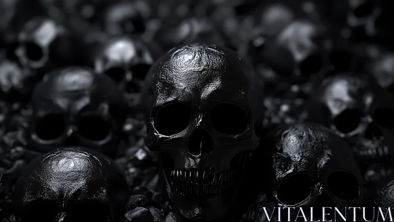 High-gloss black skull cluster with shallow depth-of-field focus