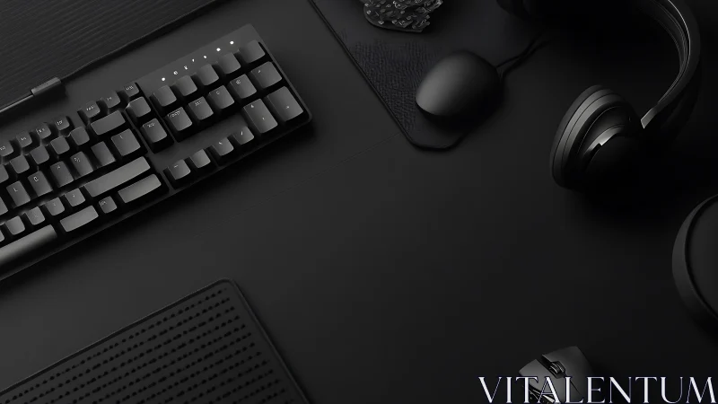 Monochrome mechanical keyboard and headset layout composition.