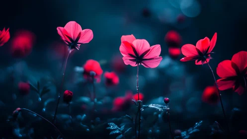 Luminescent Cosmos Flowers with Selective Depth and Cold Color Grading