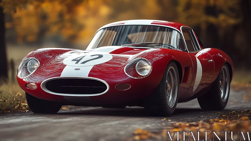Vintage red race car glowing on a quiet autumn road.