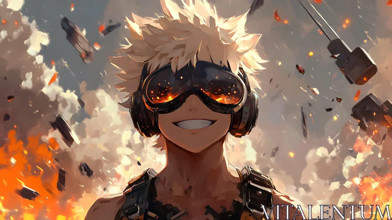 Explosive tactician in blast goggles amid kinetic detonation.