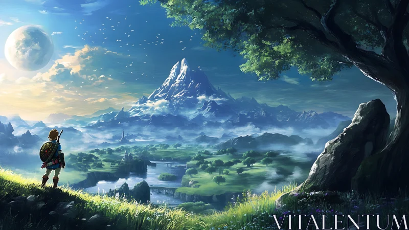 Heroic wanderer overlooking misty fantasy valley at dawn.