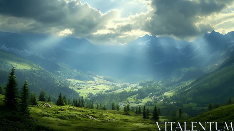 Sunlit valley dreamscape under brooding mountain clouds.