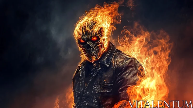 Flaming skeletal figure in leather jacket against dark void.