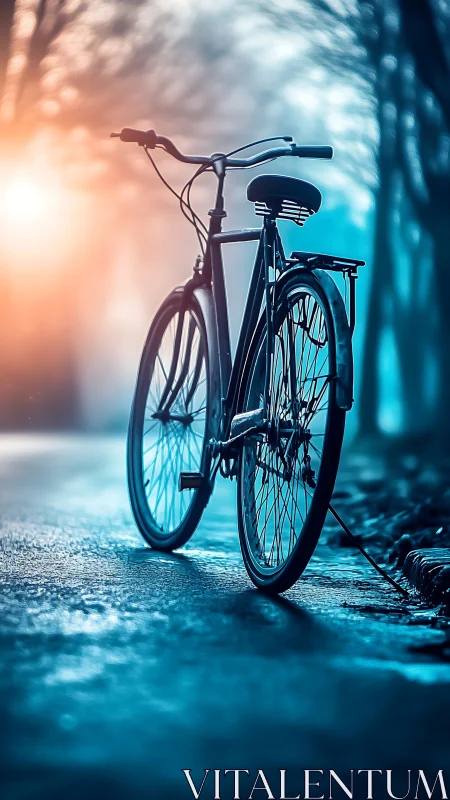 Urban Bicycle Silhouette in Neon-Lit Cityscape.