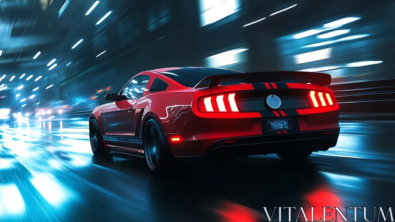 Red sports car on wet city street at night in motion.