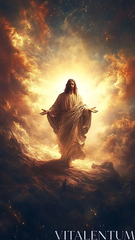 Radiant robed figure rises gently within a golden heaven