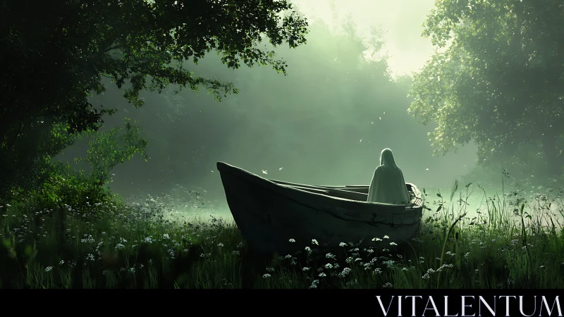 Gentle robed figure resting in a misty forest boat scene.