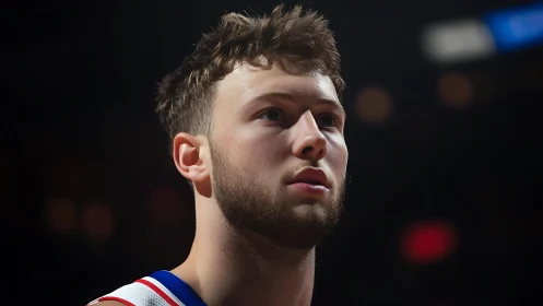 Male basketball player in close-up arena portrait at game.