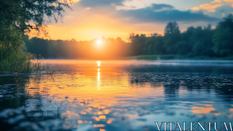 Sunlit horizon reflects across calm, shallow lakeside water