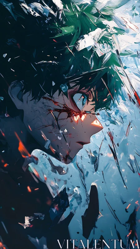 Profile view of stylized male figure amid fragmented shards