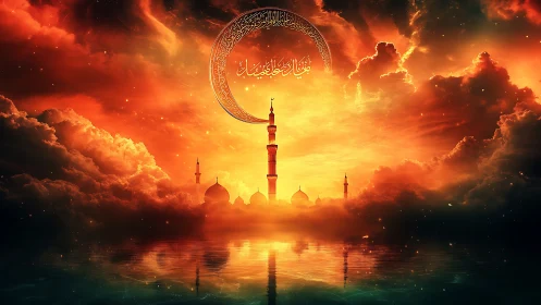 Crescent calligraphy cradles a luminous mosque at sunset