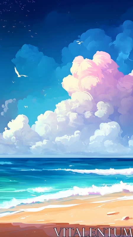 Digital seascape with clouds above shoreline and horizon.