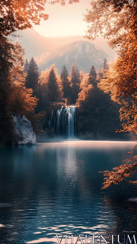 Autumn forest waterfall pours into a tranquil blue lake.