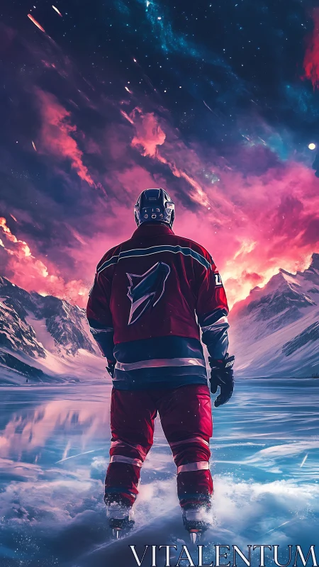 Hockey player surveys nebula sky above frozen alpine lake