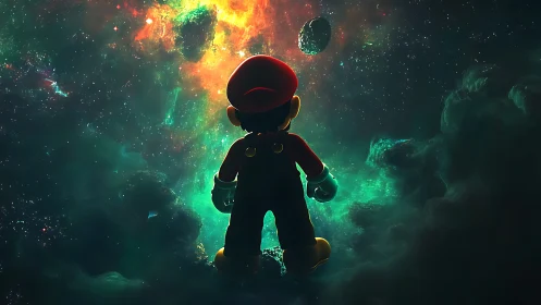 Cartoon plumber silhouette is positioned before luminous nebula