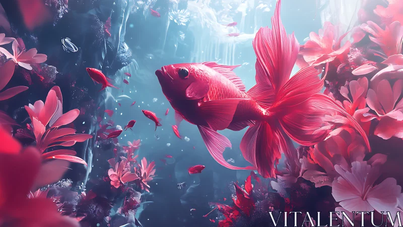 Macro fantasy koi fish amid bioluminescent coral garden