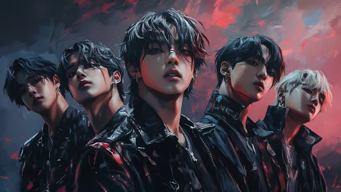 Five stylized male figures in leather jackets at dusk.