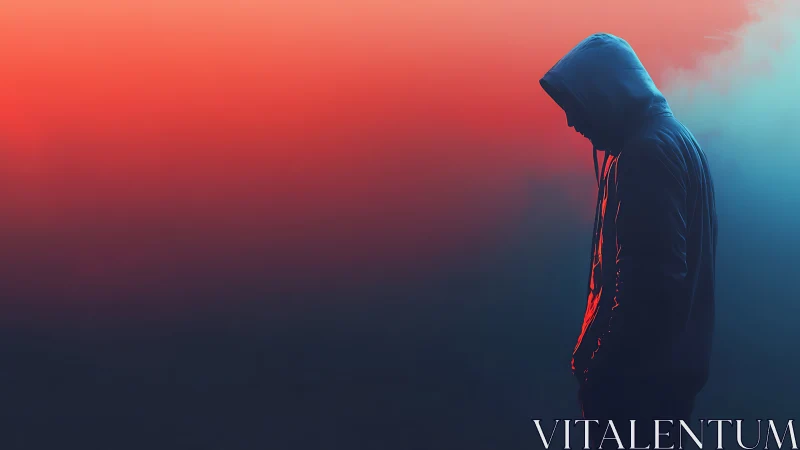 Hooded silhouette in neon mist against red cyan gradient.