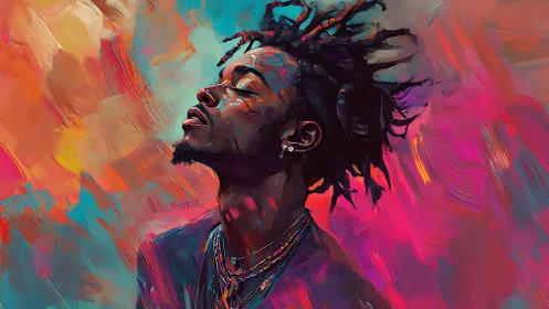 Vivid portrait captures serene profile in neon brushstrokes.