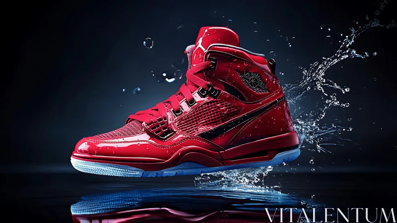 Red high-top sneaker splashes through water in dramatic light