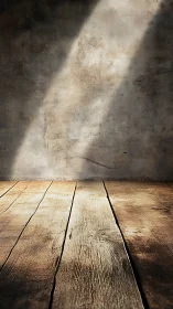 Sunlit wooden floor against worn textured concrete wall.