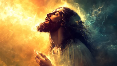 Luminous robed figure in swirling golden teal ethereal light.