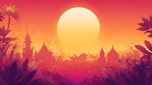Glowing jungle temples rest beneath a radiant sunset sky