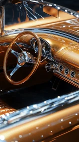 Golden retro roadster cockpit with chrome detailing.