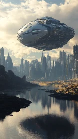Massive starship over futuristic river city at dusk.
