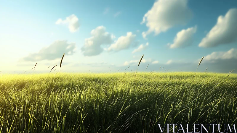 Sunlit grassland horizon under drifting summer clouds.