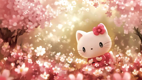 Cute white kitten amid glowing pink blossom meadow.