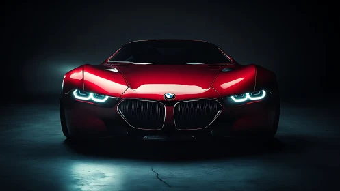 Low-key render of red BMW concept car with LED DRL signatures