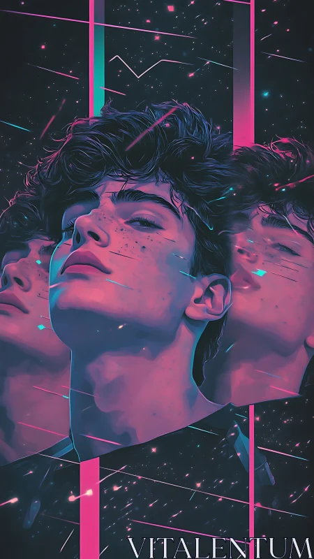 Cyberpunk triptych portrait with neon magenta-blue lighting.