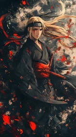 Storm-torn samurai draped in embers and midnight shadows.
