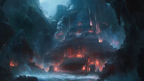 Tiered stone temple with interior fires in misted cavern.