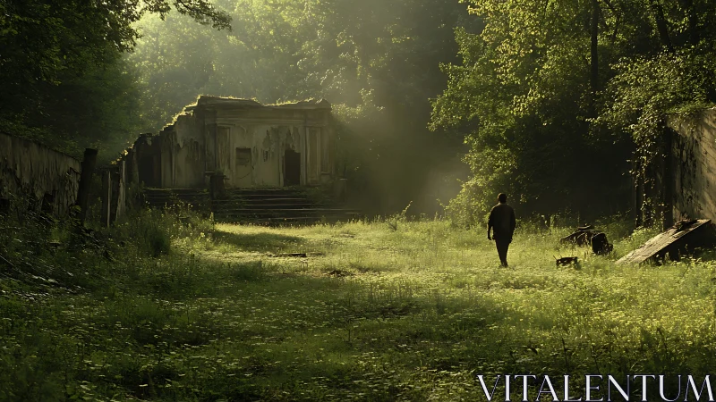 Solitary wanderer crossing a sunlit, ruin-laced clearing.
