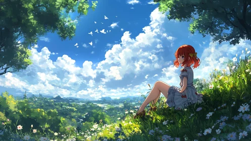 Red-haired girl on hillside under expansive clouded sky.