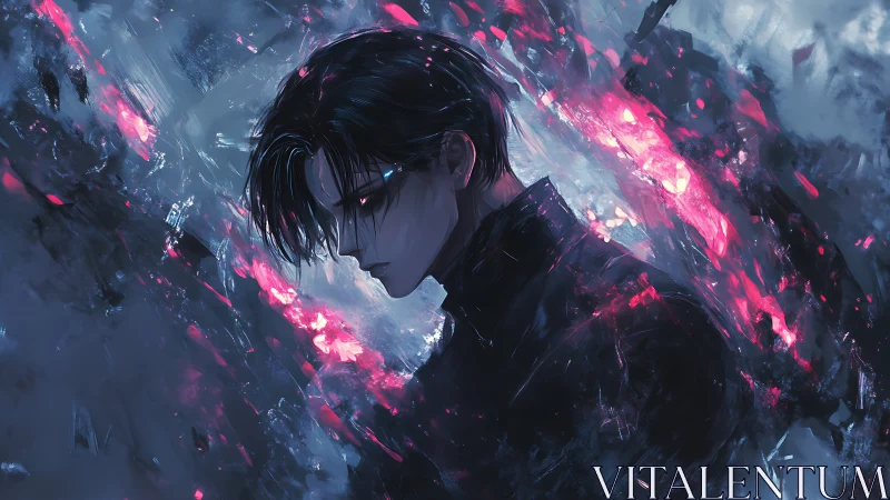 Brooding male profile amid high‑contrast magenta energy shards