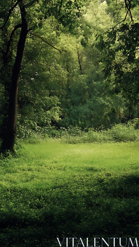 Forest clearing with dense tree coverage and layered foliage