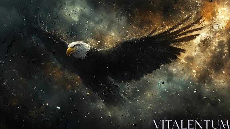 Majestic bald eagle soaring through dramatic stormy sky, digital art.