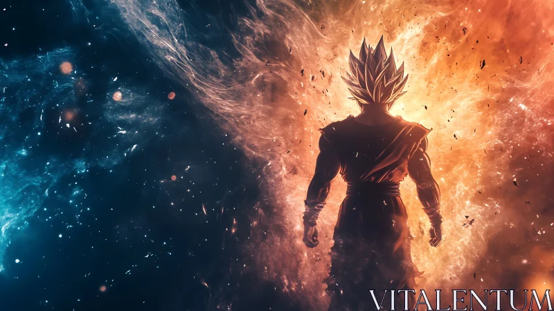 Cosmic warrior silhouette amid blue and orange energy storm.